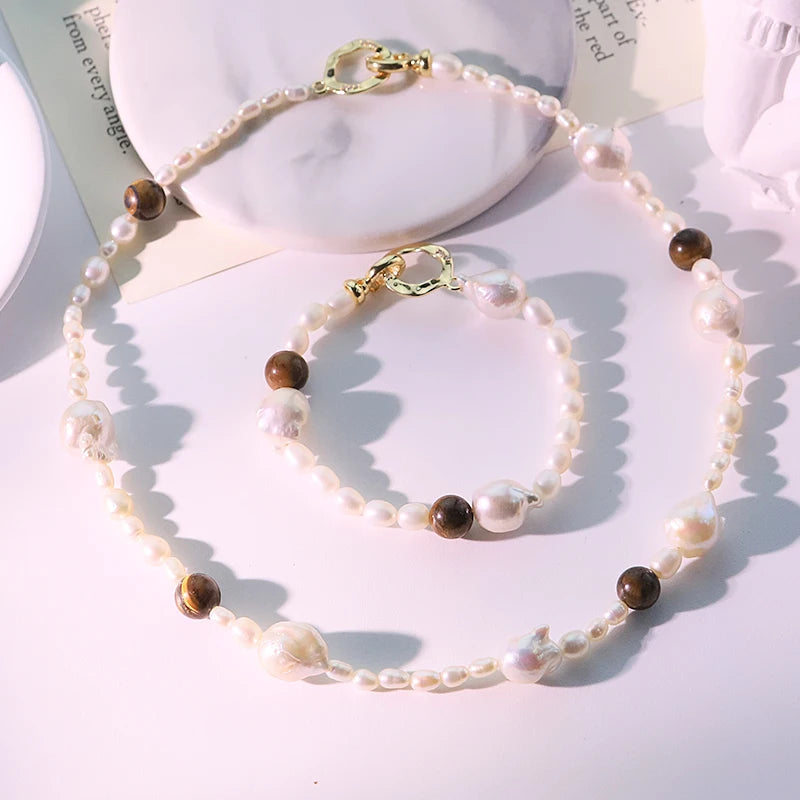 GLSEEVO Natural Freshwater Pearl & Tiger Eye Stone 2-Piece Jewellery Set — Necklace & Bracelet