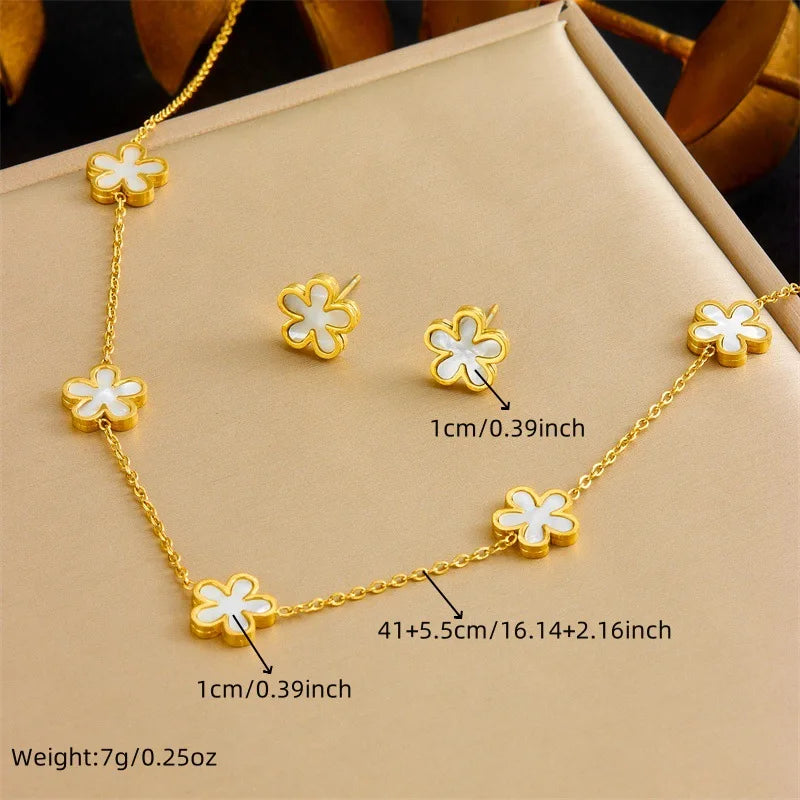 Gold White Flower Necklace, Earrings & Bracelet Jewellery Set | Exquisite Bridal Fashion Set