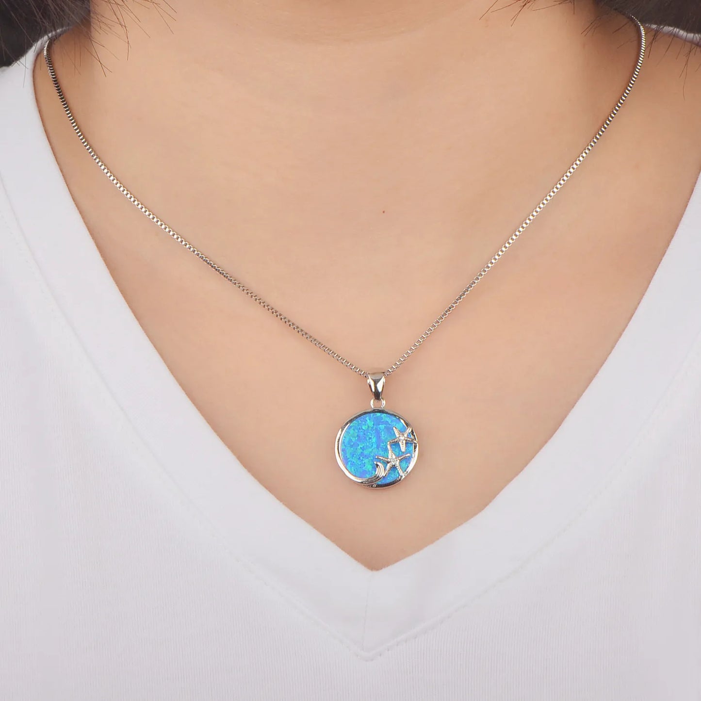 Eu Style Copper Opal Pendant Necklace-Blue Ocean Starfish Design Trendy Link Chain Sweater Chain Jewelry