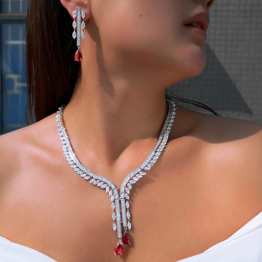 Statement White and Red Cubic Zirconia Stone Luxury Jewelry Set for Women Banquets Dates Parties Necklace Earrings Gifts