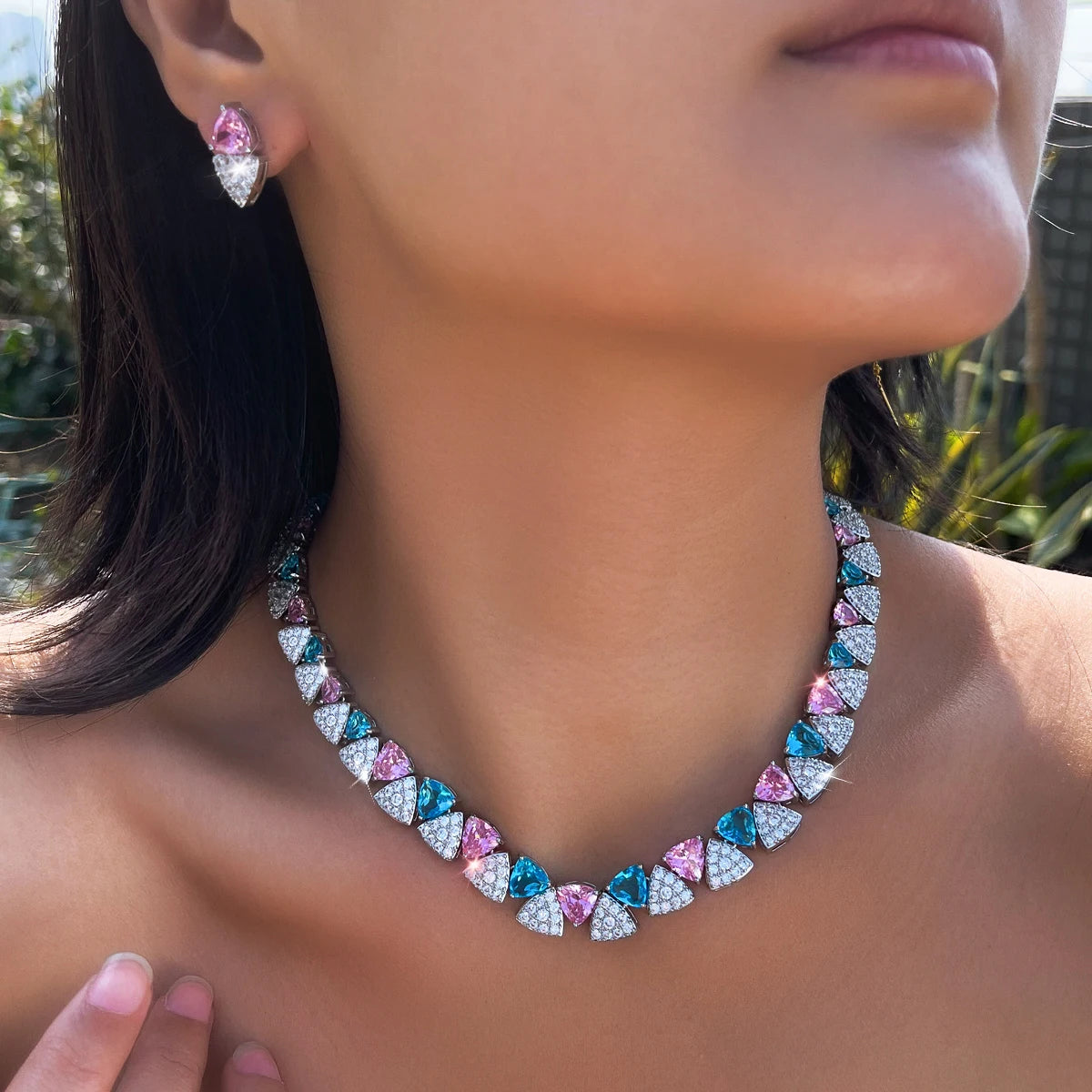 Light Blue Pink Triangle Zircon Jewelry Set Rhodium Plated Micro Pave Necklace Earrings Jewelry Set for Brides Wedding Banquet
