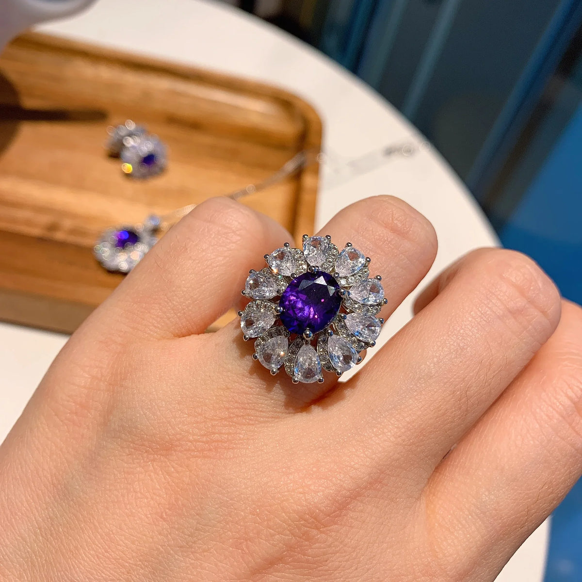 Gemfiori Luxury Jewelry Style Three Piece Set Purple Orchid Zircon Ring Light Luxury Pendant Temperament Earring Accessory