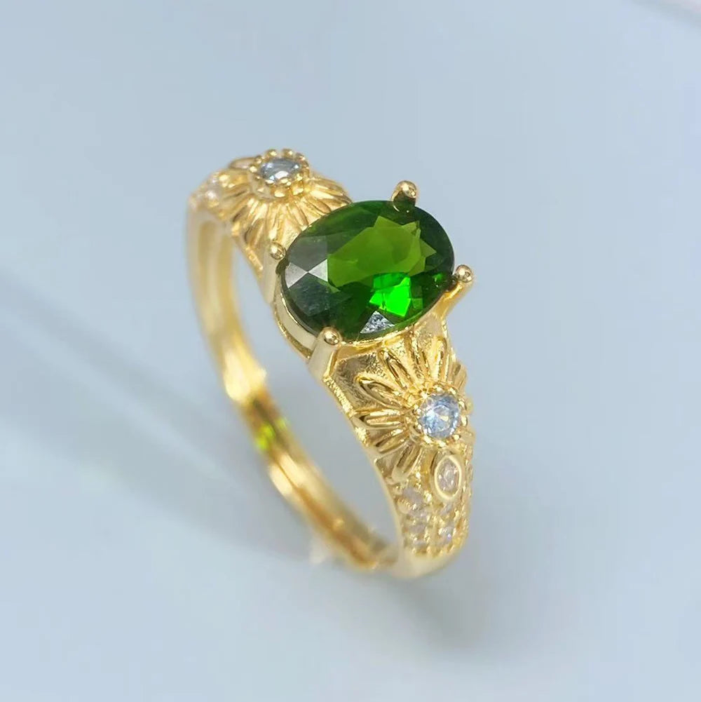 Gioiellieri Natural Chrome Diopside Ring for Women S925 Sterling Silver Oval Cut Green Gemstone Fine Jewelry for Wedding Anniversary Gift
