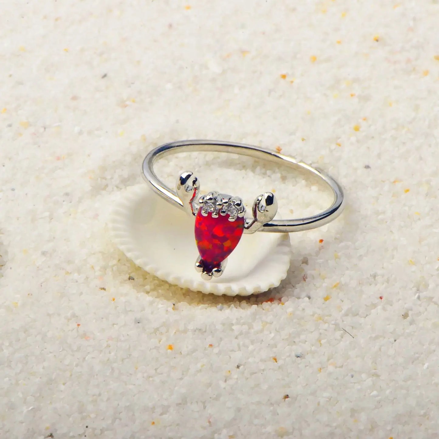 Cute Crab Shape Opal Ring | Red Iridescent Gemstone & Zircon Accent | Animal Jewelry for Women Trendy Daily Wear