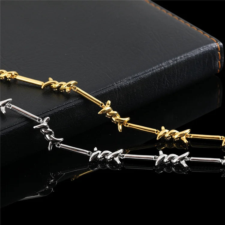 BiG-BOSS New Unisex Punk Luxury Thorns Design Hip Hop Copper Jewelry Full Zircon Barbed Wire Necklace Thorn Necklace
