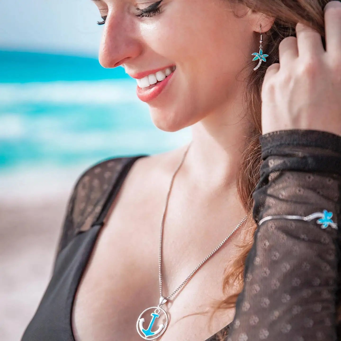 Trendy Sea Style Opal Pendant Necklace  Blue Gem Anchor Jewelry for Beach Outfits
