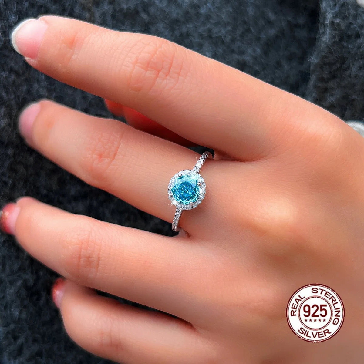S&S 925 Sterling Silver Light Blue Rose-Cut CZ Engagement Ring – Rhodium Plated – Collection