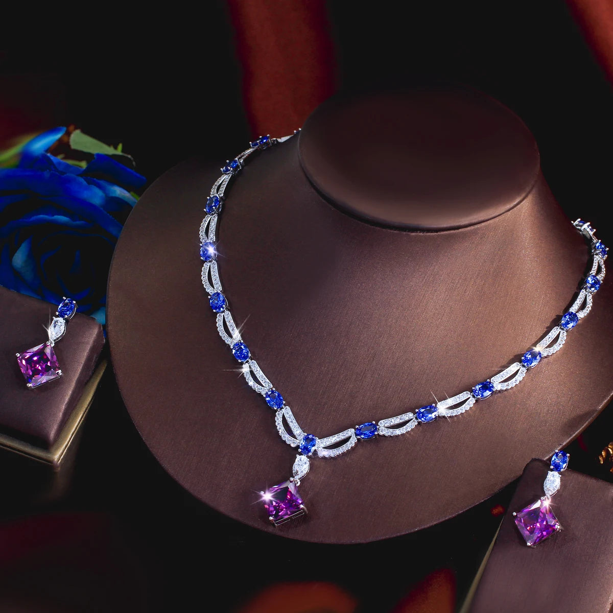 Rhodium Plated CZ Jewelry Set Cubic Zircon Blue Oval Purple Rhombus Dangle Drop Necklace Earrings Jewelry Set for Brides Wedding