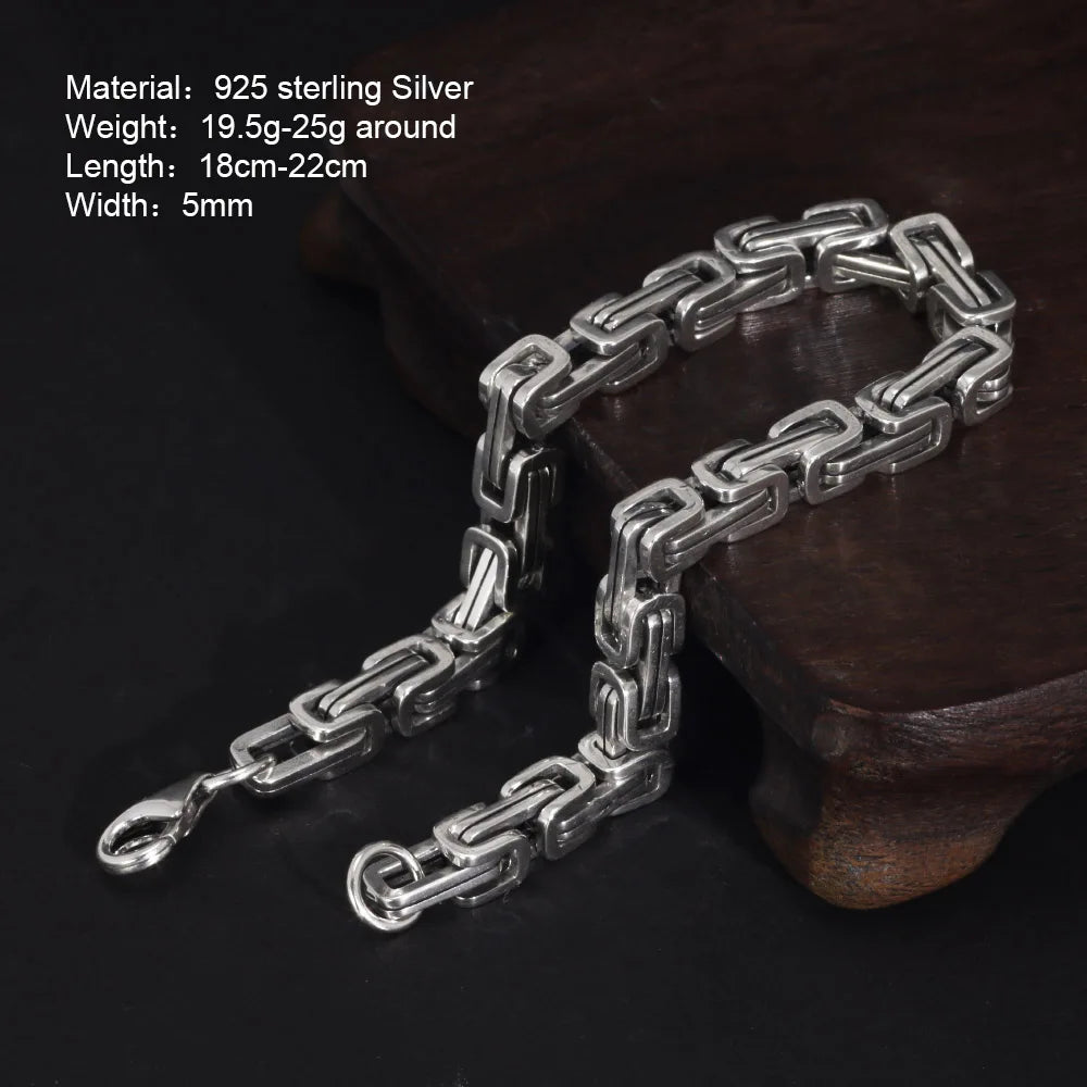 REBEL 925 Sterling Silver Byzantine Cuban Chain for Men and Women Punk Hip Hop Retro Square Lovers Bracelet