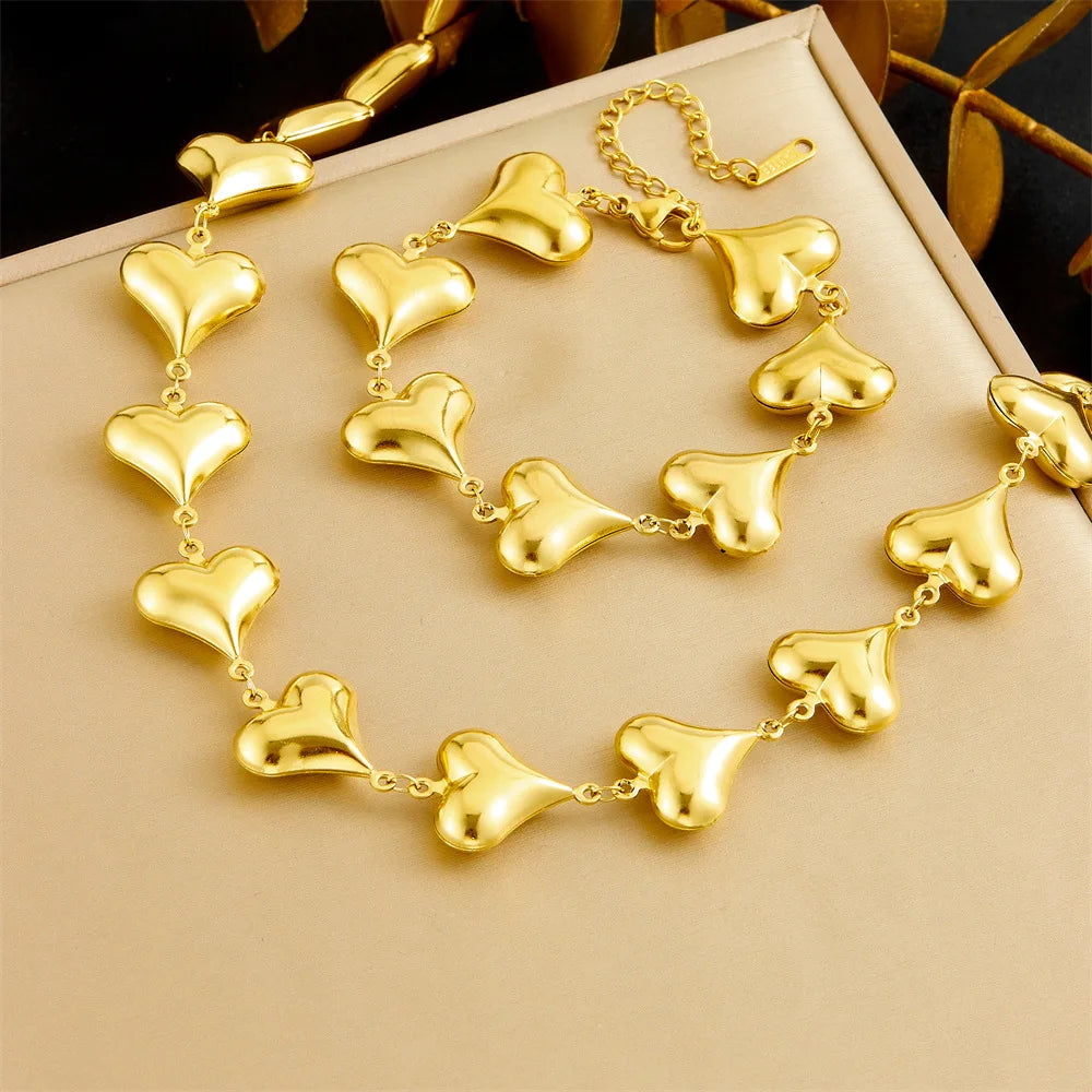 Unique Gold Heart Necklace & Bracelet Jewellery Set for Women