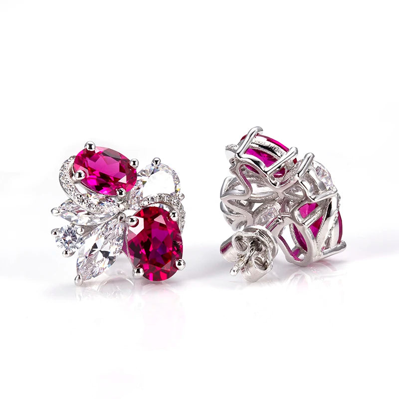 Messi Jewelry MSE-605 Fancy Shape Sparkling Red/white Corundum Flower Design S925 Earrings Engagement Dating Gift for Girls