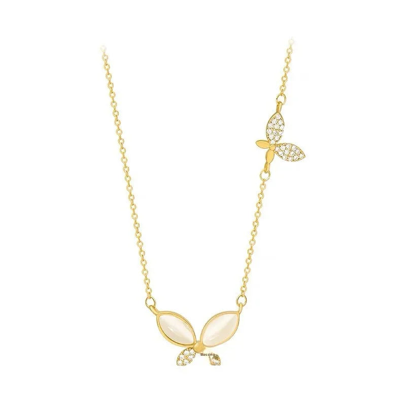 Gold-plated Iron Mother-of-Pearl Butterfly Pendant Necklace Bamboo Chain Sporty Stylish Versatile Light Luxury Unisex Design