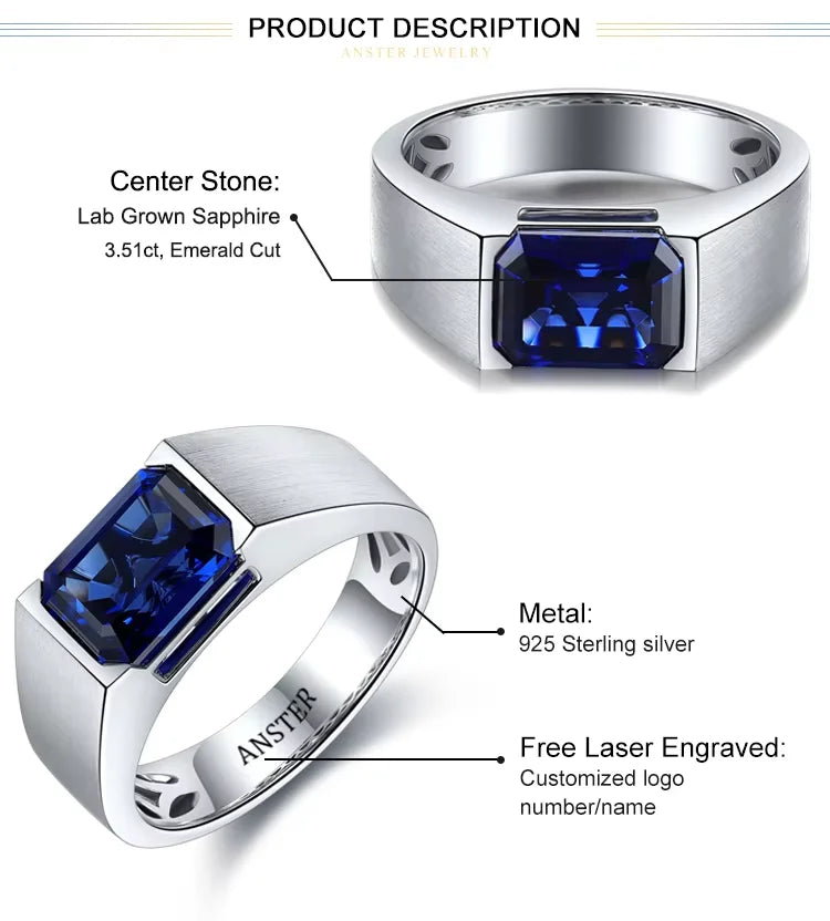Gemfiori Classic 925 Sterling Silver Men's Ring Lab Created Sapphire Ring 3.51ct Emerald Cut Shape Main Stone for Gift Party Anniversary