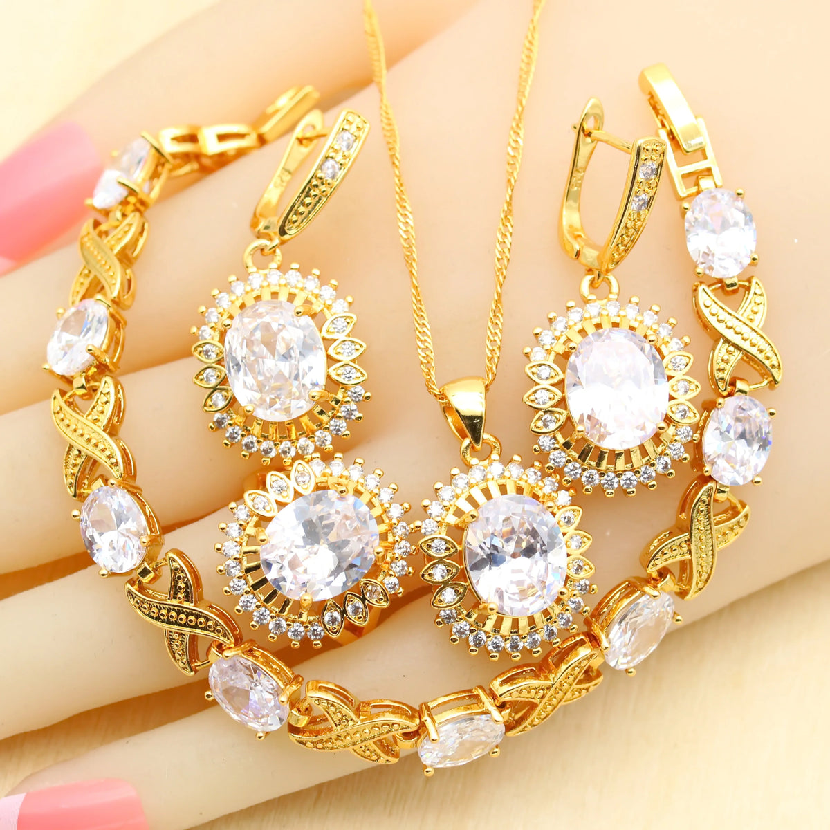 XOTICA 18K Gold Plated Alloy Emerald Jewelry Set for Women Wedding Engagement Anniversary Party Necklace Earrings Bracelet Ring Gift