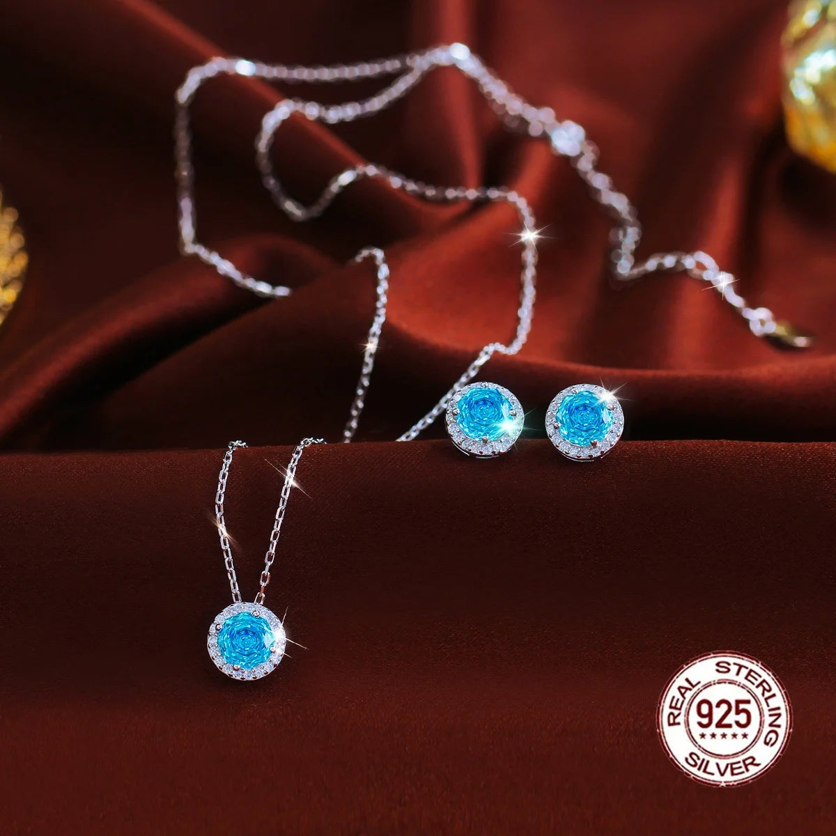 Exquisite Rose Flower CZ Light Blue 925 Sterling Silver Necklace and Earring Round Pendant Jewelry Set for Women Party Gift
