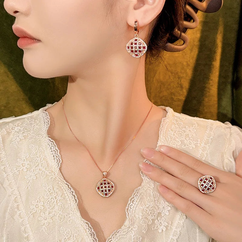REDheart Simulation Zircon Flower Advanced Light Luxury Trendy Fashion Costume Jewelry Sets Female Copper Inlaid Zircon 18K Gold Plated