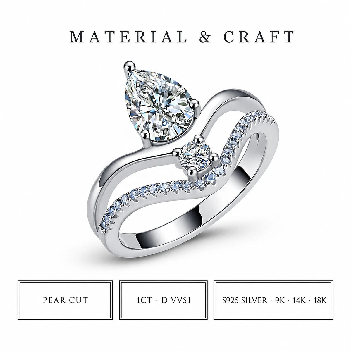 Gemfiori Unique Two Row Crossover Lab Grown Diamond Ring 1CT D VVS1 Pear Cut 9K/10K/14K/18K/PT950 Real Gold Women Premium Fine Jewelry