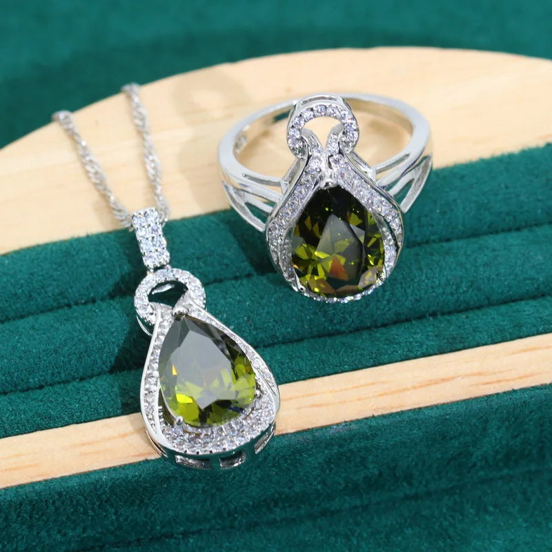 XOTICA 925 Silver Jewelry Set for Women Water Droplet Olive Green Zircon Earrings for Wedding Engagement Birthday Dating Gift Ideas