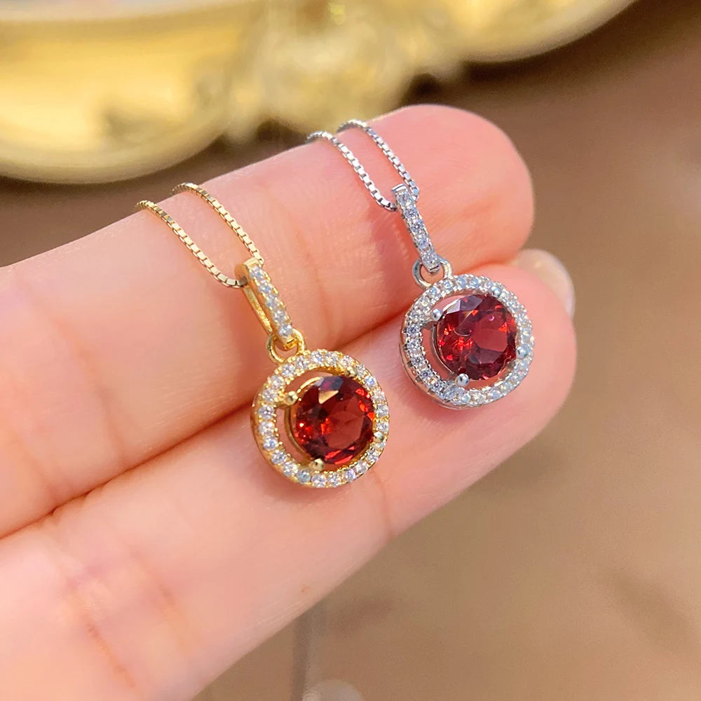 Rhodium Plated Sterling Silver Garnet Women's Trendy Gift Tiny CZ Round Pendant Necklace Wholesale