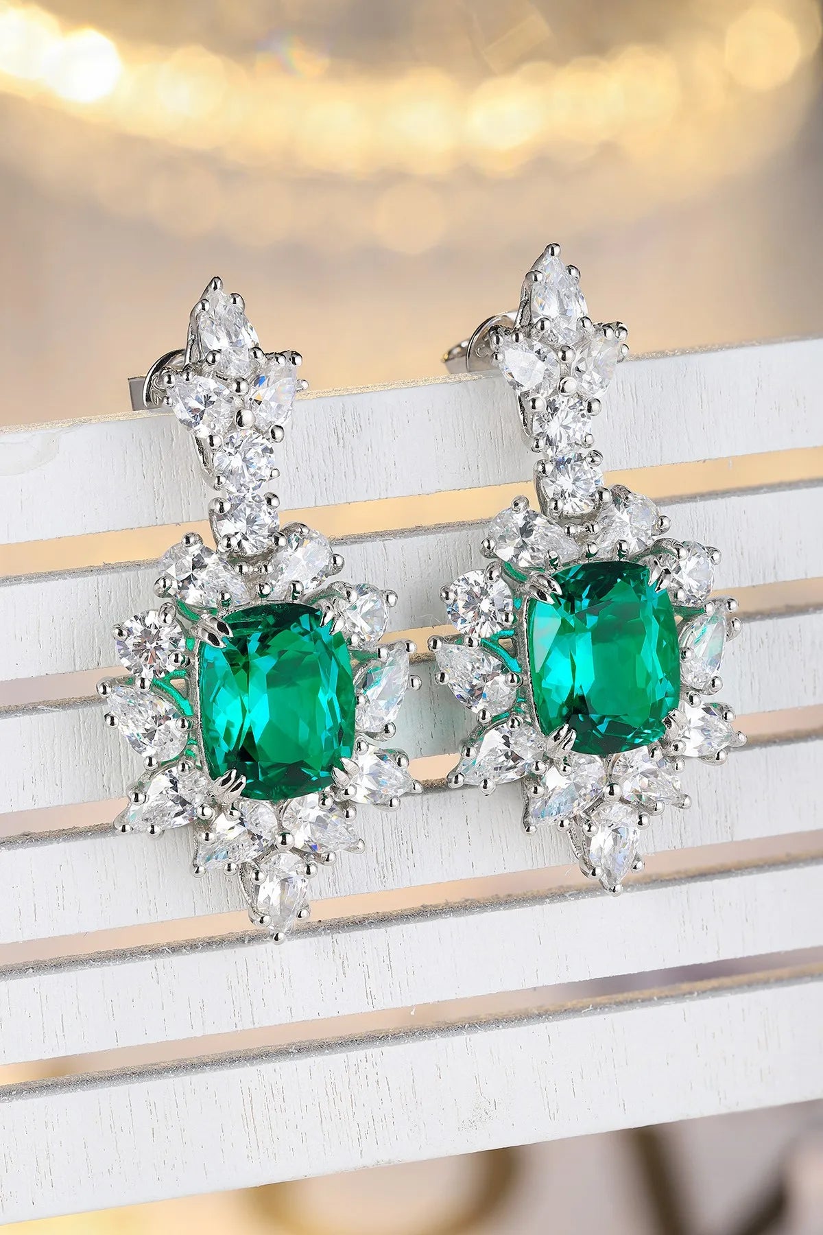 Gemfiori Vintage Colombian Lab Grown Emerald Green Dangle Earrings Women Silver 925 Wedding Engagement Bridal Ladies Pendant Earrings