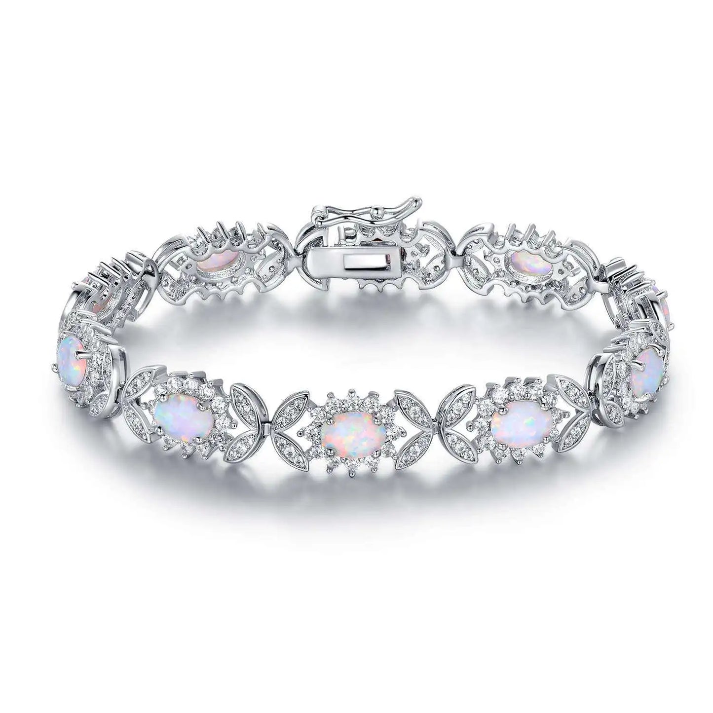 Trendy Brass Beaded Oval-Shaped Flower Pattern Bracelets Opal Inlays-Bohemia Style Women's Jewelry Gold/Silver Plated