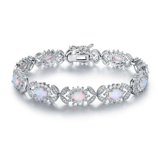 Trendy Brass Beaded Oval-Shaped Flower Pattern Bracelets Opal Inlays-Bohemia Style Women's Jewelry Gold/Silver Plated
