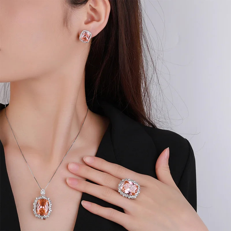 Gemfiori Fashionable Luxury Inlaid Geometric Zircon Necklace Earrings Ring Set Light Luxury Minimalist Jewelry