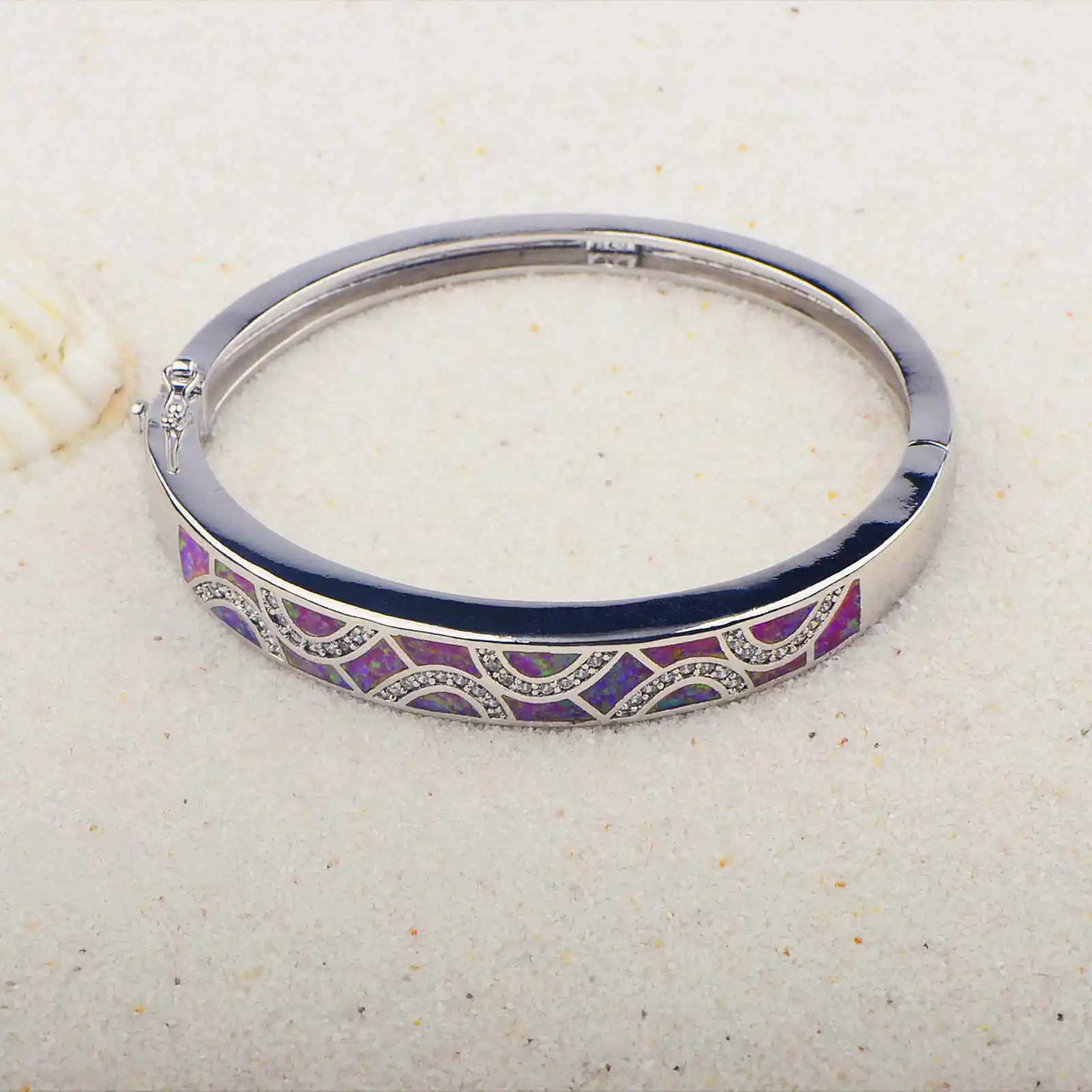 Shimmering Opal Bangle Aobao Greek Key Geometric Design Silver Tone Jewelry