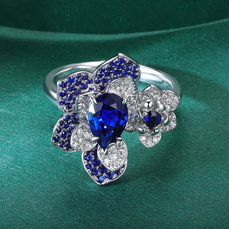 Gemfiori Female Luxurious Flower Ring Resizeable Blue Sapphire Diamond 14k 18k Rings in Solid Gold