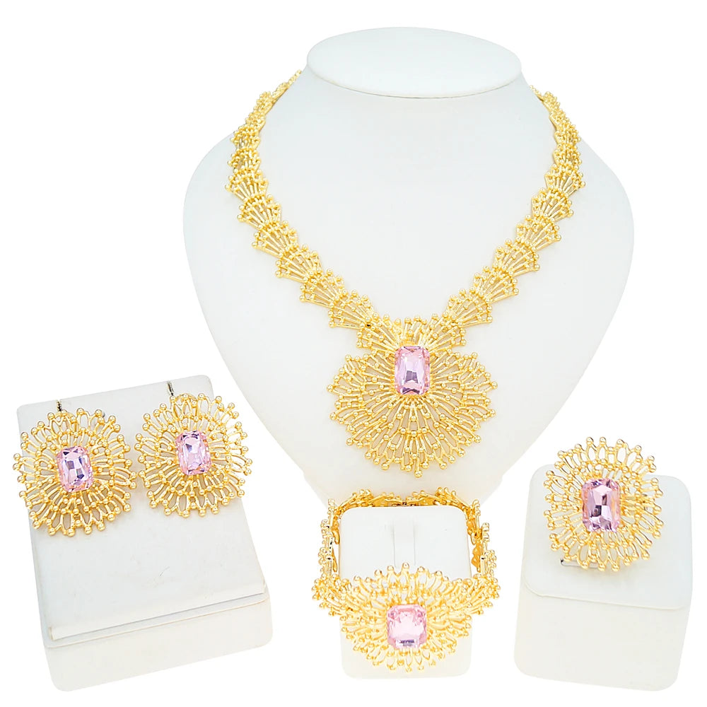 Zhuerrui Vintage Sunflower Gold Plated Jewelry Set Emerald Pink Stone Women Necklace Earrings Bracelet Ring for Banquet I0088