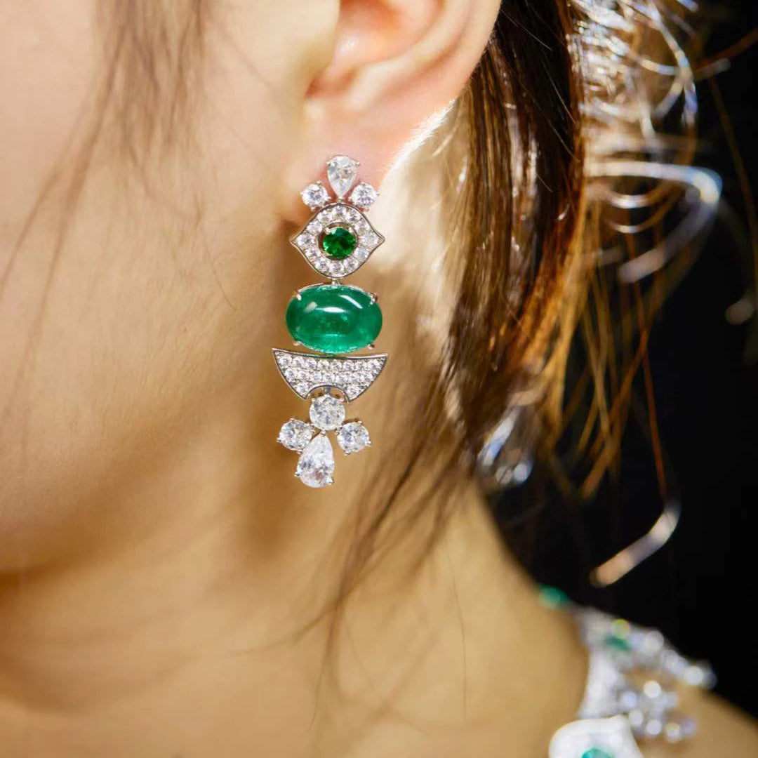 Emerald Green Cubic Zirconia Geometric Necklace & Earrings Jewellery Set