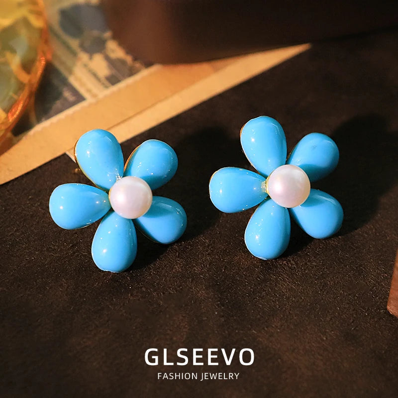 Natural Freshwater Pearl Earrings Blue Turquoise Flower-Shaped Earrings Beach Holiday Birthday Gift  for Women Jewellery GE1749