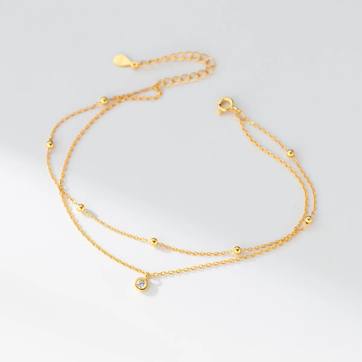 VEWANT Gold Plated Sterling Silver 925 Bohemian Zircon Ball Beaded Station Chain Anklets Adjustable for Women