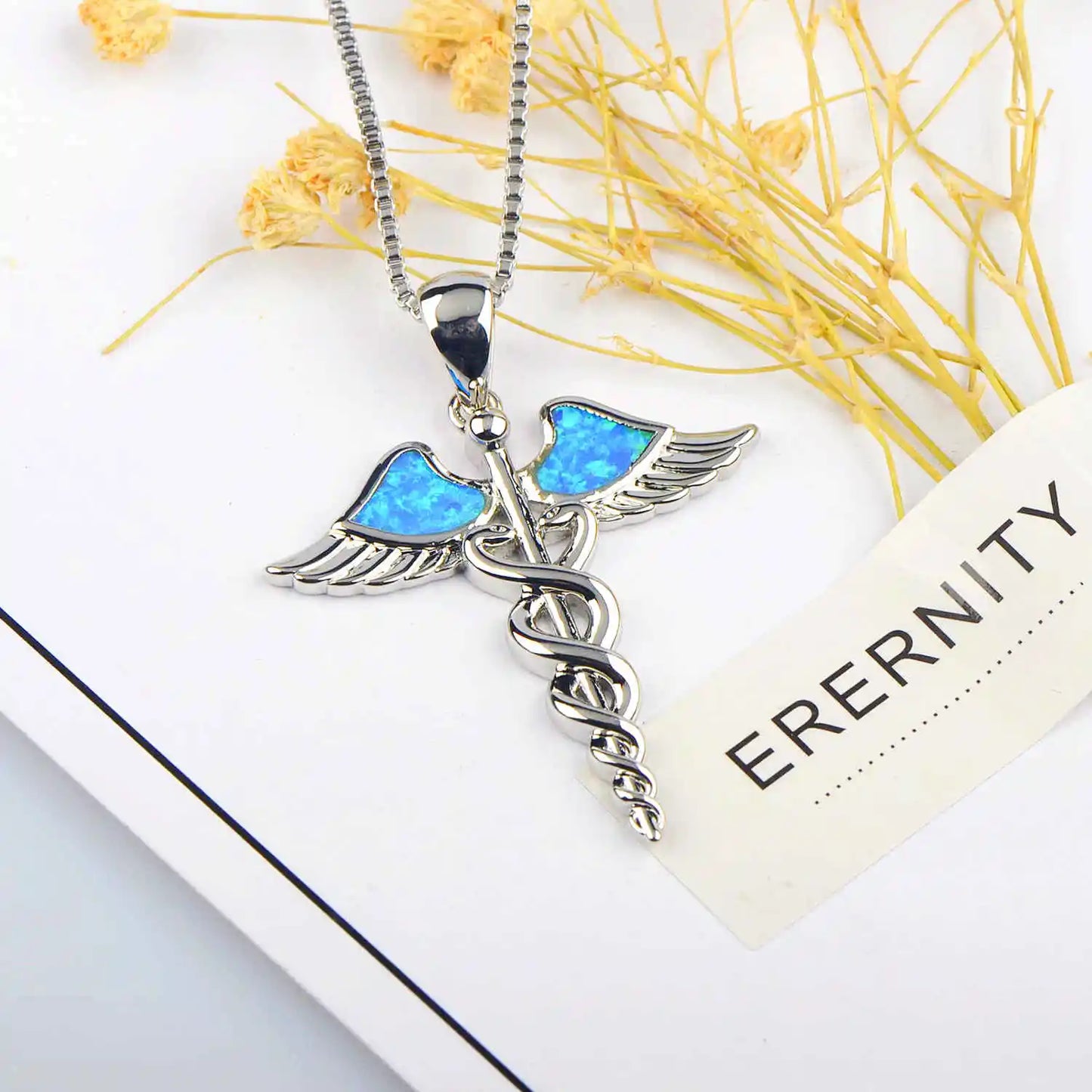 Trendy Winged Caduceus Necklace Aobao Inlaid Pendant Fashion Jewelry