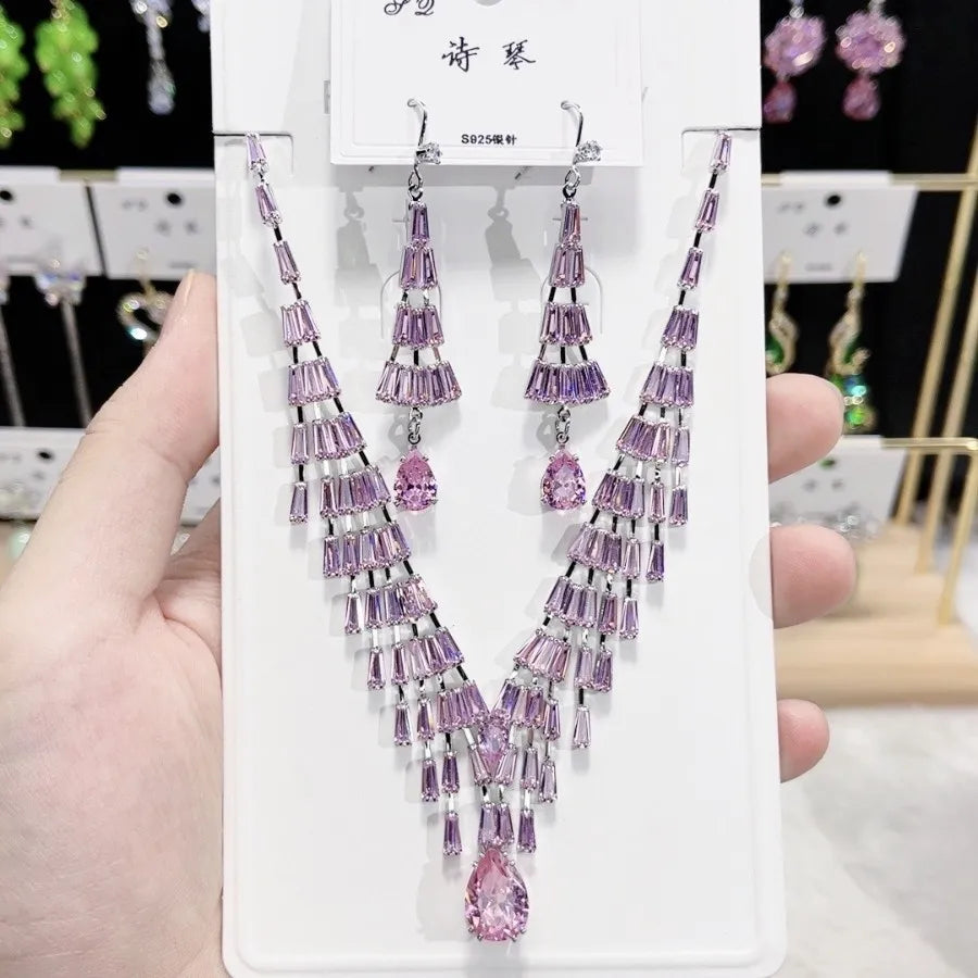 K072 High Quality Women Trendy Luxury Pink Tassel Zircon Bridal Necklace Earrings Set Wedding Elegant Jewelry Set