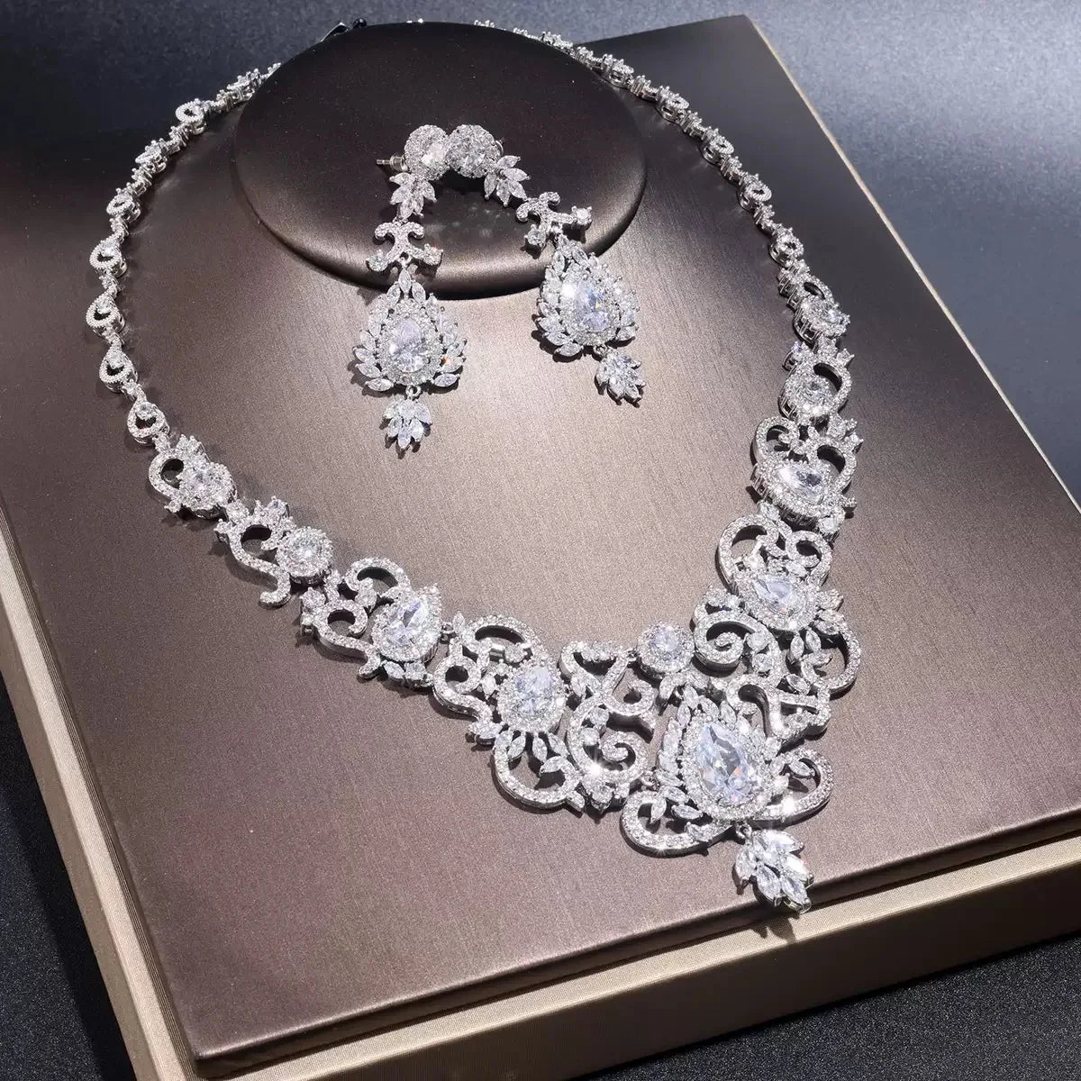 Bella Viva Luxury Elegant Cubic Zirconia Necklace & Earring Set, Platinum Plated Brass for Wedding, Gala & Red Carpet Events