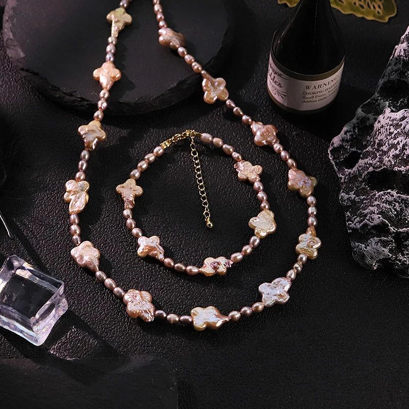 GLSEEVO Natural Purple Four Leaf Clover Baroque Pearl Jewelry Set for Women Daily Wear Pearl Necklace Bracelet Fashion Jewelry