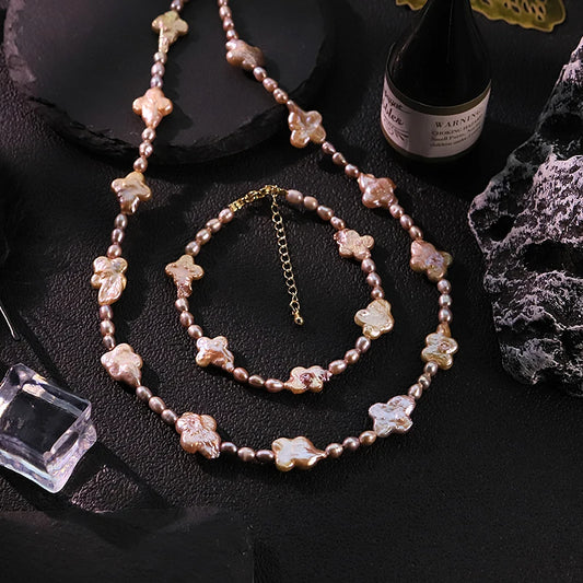 GLSEEVO Natural Purple Four Leaf Clover Baroque Pearl Jewelry Set for Women Daily Wear Pearl Necklace Bracelet Fashion Jewelry