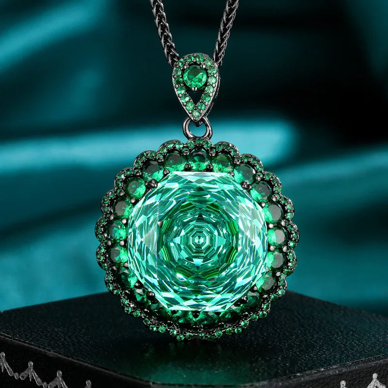 Gemfiori Exquisite Personalized Luxury Jewelry Set Green Zircon Temperament Banquet Ring High-end Feeling Collarbone Chain