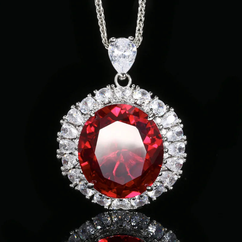 Gemfiori Elegant Oval Red Blue Zircon Pendant Necklace Adjustable Ring Cubic Zircon Jewelry Set