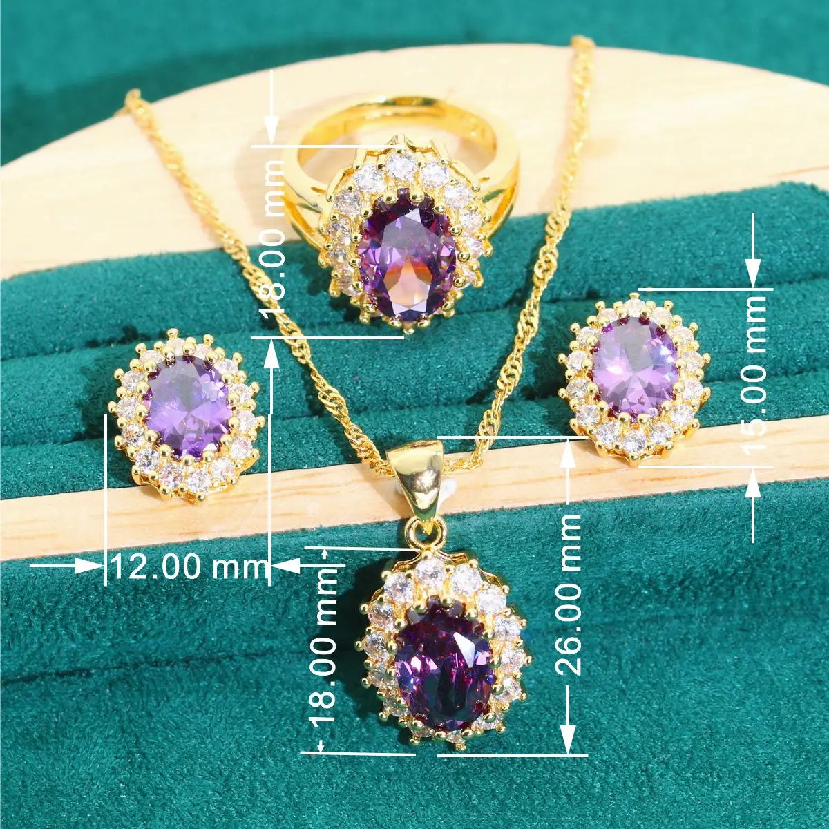 XOTICA Noble Purple Zircon Jewelry Set for Women Gold Bracelet Earrings Necklace Pendant Ring for Wedding or Date Birthday Gifts