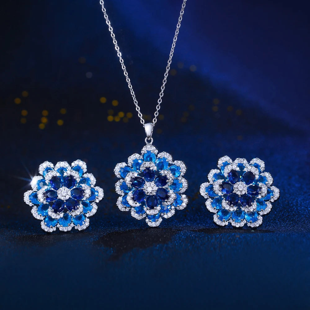 Art Deco Luxury Blue Cubic Zirconia Chunky Flower Shaped Earrings and Pendant Necklace Women Party Jewelry Sets