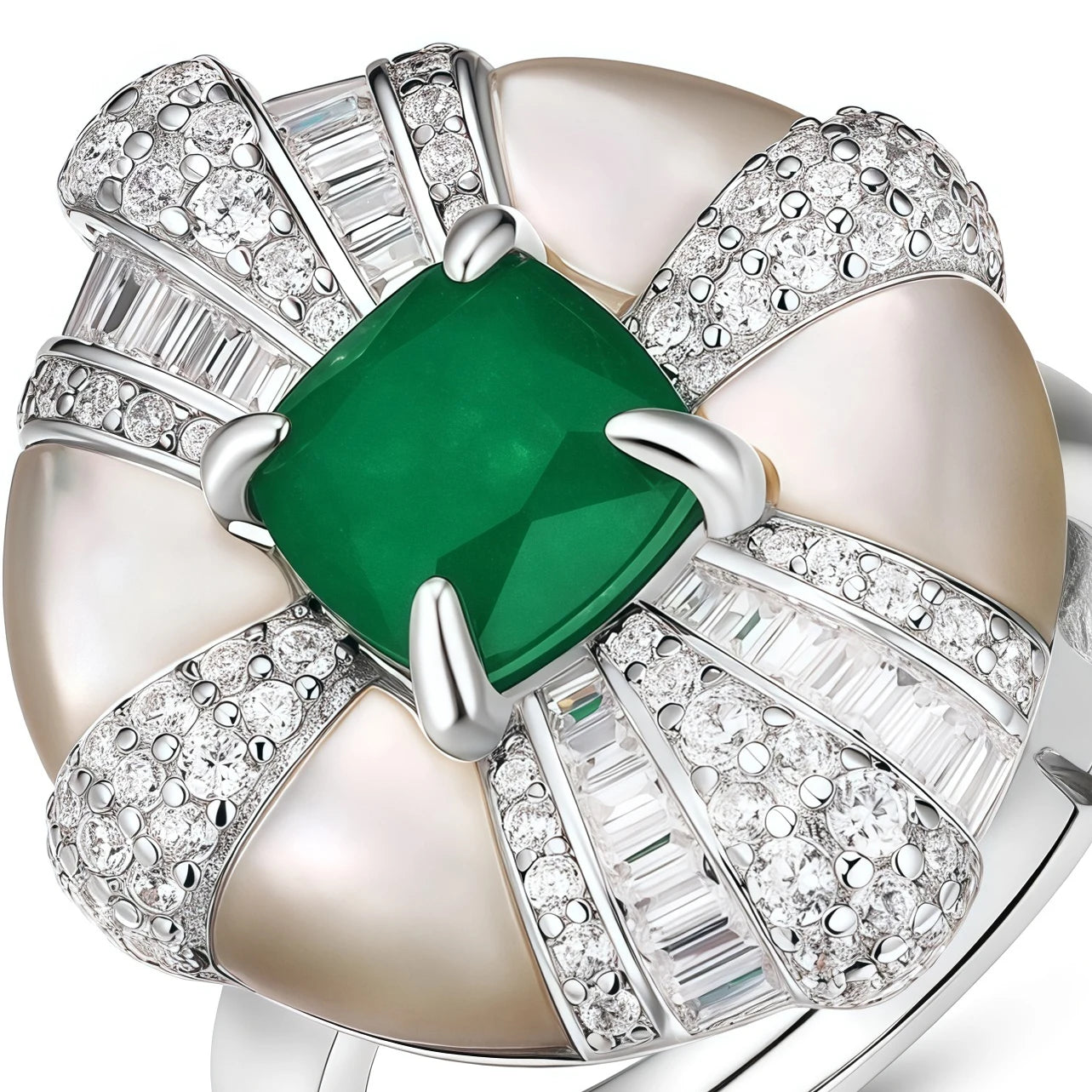 MUSHAN High Carbon Diamond 925 Sterling Silver Ring Rhodium Plated Women's Green Shell Jewelry with Synthetic Gemstones