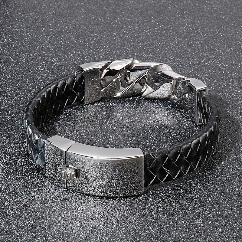 REBEL Vintage Mens Fashion Bracelets Bangles Stainless Steel Cuban Links Leather Bracelet Bangle
