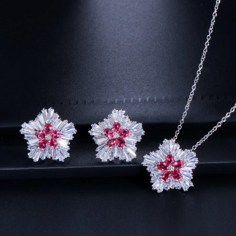 S&S CZ Snow Flower Pendant Necklace & Stud Earrings Set – White Gold – 4 Colours – Collection