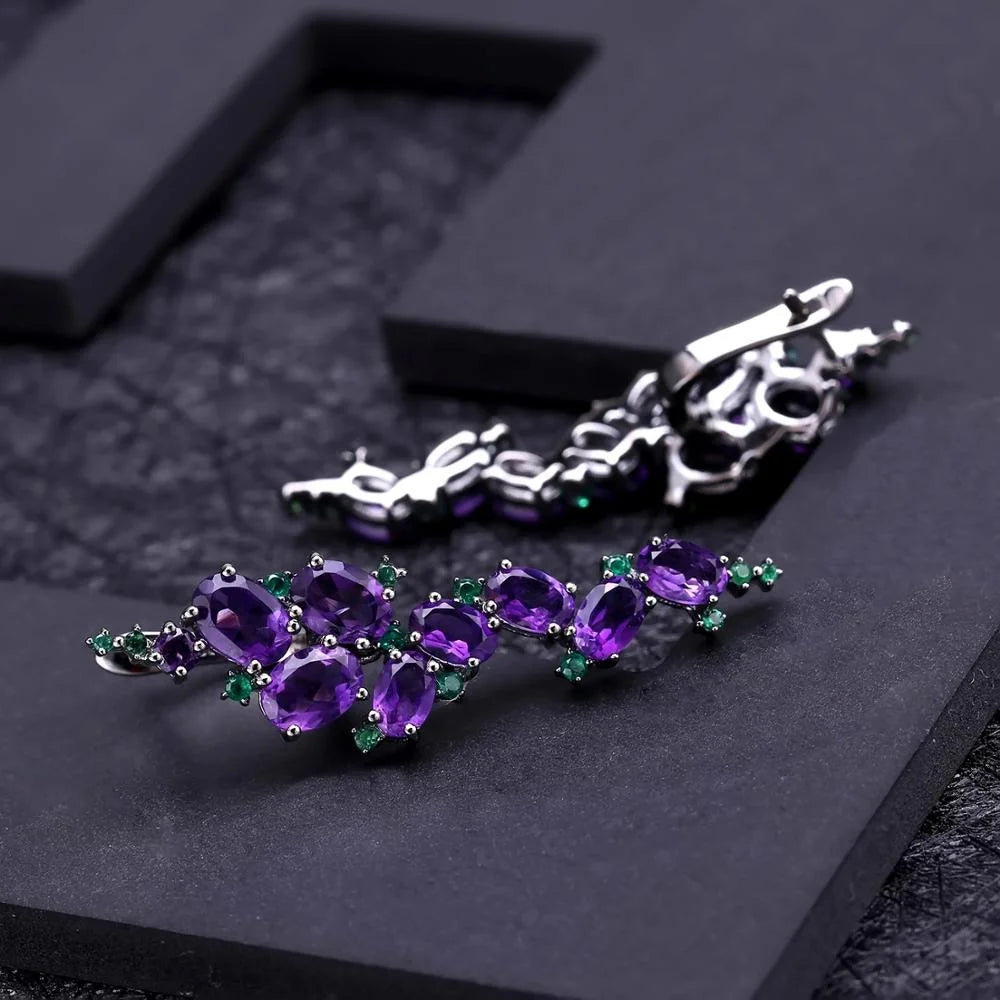 ArtistA Abding Lucky Purple Gemstone Beautiful Natural Amethyst Cluster Setting Leaf Buds Vine Long Drop Flower Tassel S925 Jewelry Set