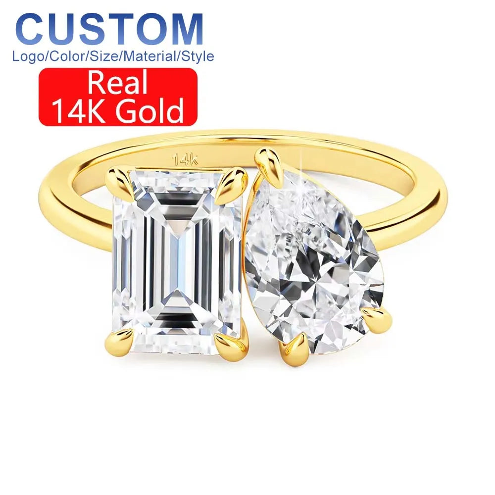 Gioiellieri Fine Jewelry Designer Woman Personalized Engagement Wedding Ring Hollow 14K Gold Double Moissanite Ring