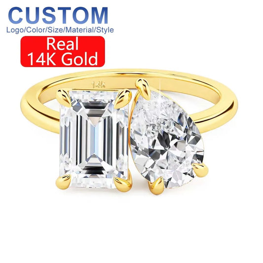 Gioiellieri Fine Jewelry Designer Woman Personalized Engagement Wedding Ring Hollow 14K Gold Double Moissanite Ring