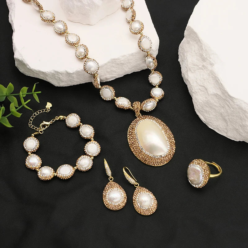 XOTICA Natural Baroque Pearl 18K Gold Plated Women's Gift Jewelry Necklace Bracelet Earrings Fashion Designer Jewelry Set