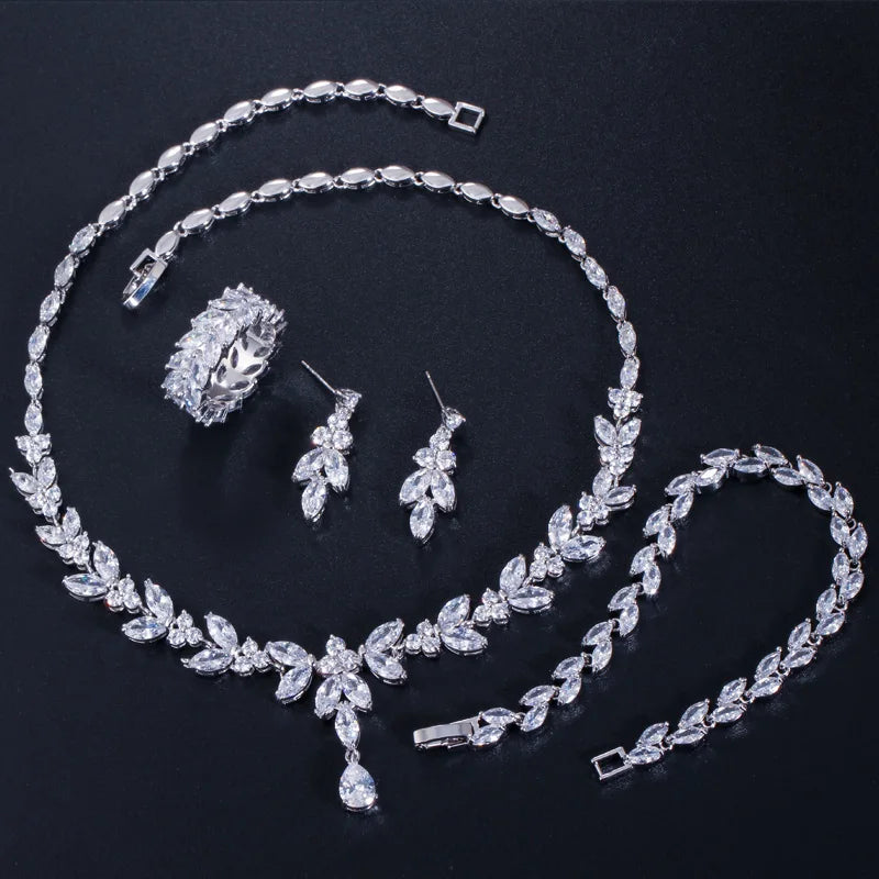 4pcs Delicate Leaf Shaped Cubic Zircon Dubai Fine Jewelry Sets Drop Earrings Necklace Bracelet Ring Women Luxury Bridal Wedding